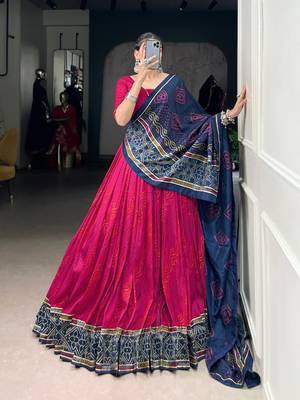 Pink Navaratri Special Bandhej Print With Gotta Patti Lace Touch Up Lehenga with Unstitched Blouse 1