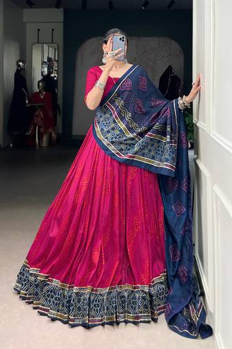 Pink Navaratri Special Bandhej Print With Gotta Patti Lace Touch Up Lehenga with Unstitched Blouse