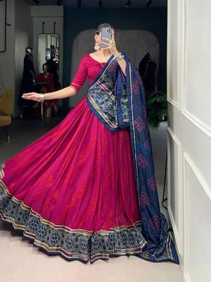 Pink Navaratri Special Bandhej Print With Gotta Patti Lace Touch Up Lehenga with Unstitched Blouse 2