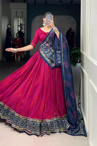 Pink Navaratri Special Bandhej Print With Gotta Patti Lace Touch Up Lehenga with Unstitched Blouse