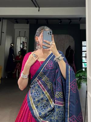 Pink Navaratri Special Bandhej Print With Gotta Patti Lace Touch Up Lehenga with Unstitched Blouse 3