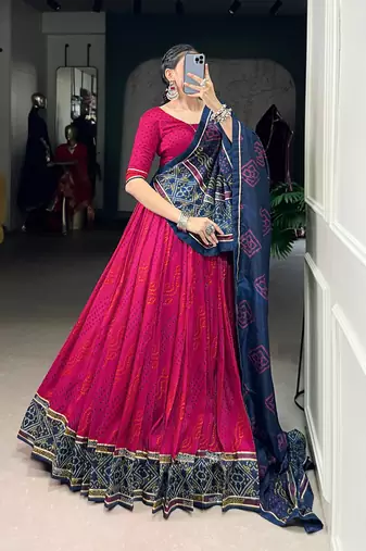 Pink Navaratri Special Bandhej Print With Gotta Patti Lace Touch Up Lehenga with Unstitched Blouse