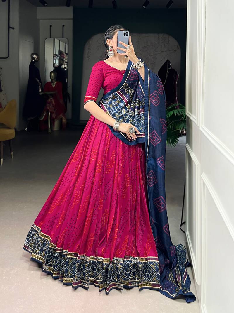 Pink Navaratri Special Bandhej Print With Gotta Patti Lace Touch Up Lehenga with Unstitched Blouse