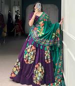 Purple Tussar Silk Printed & Foil with Lace Touch Up Work Lehenga with Unstitched Blouse