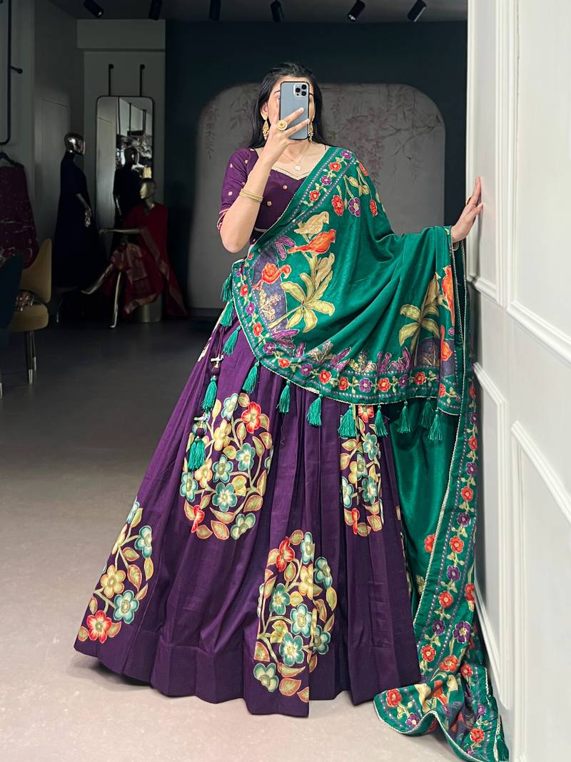 Purple Tussar Silk Printed & Foil with Lace Touch Up Work Lehenga with Unstitched Blouse