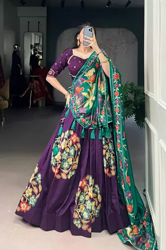 Purple Tussar Silk Printed & Foil with Lace Touch Up Work Lehenga with Unstitched Blouse