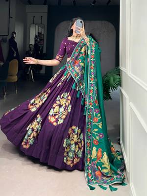 Purple Tussar Silk Printed & Foil with Lace Touch Up Work Lehenga with Unstitched Blouse 3