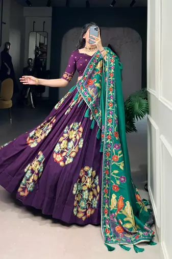 Purple Tussar Silk Printed & Foil with Lace Touch Up Work Lehenga with Unstitched Blouse