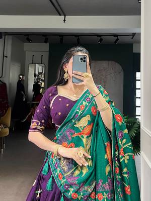 Purple Tussar Silk Printed & Foil with Lace Touch Up Work Lehenga with Unstitched Blouse 4