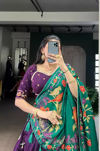 Purple Tussar Silk Printed & Foil with Lace Touch Up Work Lehenga with Unstitched Blouse