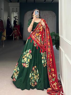 Green Tussar Silk Printed & Foil with Lace Touch Up Work Lehenga with Unstitched Blouse 1