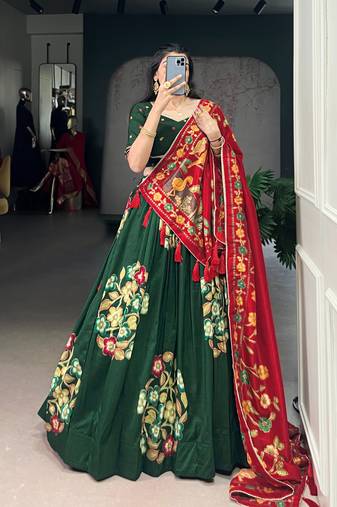 Green Tussar Silk Printed & Foil with Lace Touch Up Work Lehenga with Unstitched Blouse
