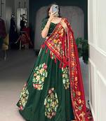 Green Tussar Silk Printed & Foil with Lace Touch Up Work Lehenga with Unstitched Blouse