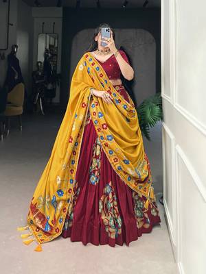 Maroon Tussar Silk Printed & Foil with Lace Touch Up Work Lehenga with Unstitched Blouse 1