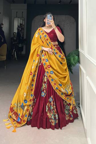 Maroon Tussar Silk Printed & Foil with Lace Touch Up Work Lehenga with Unstitched Blouse