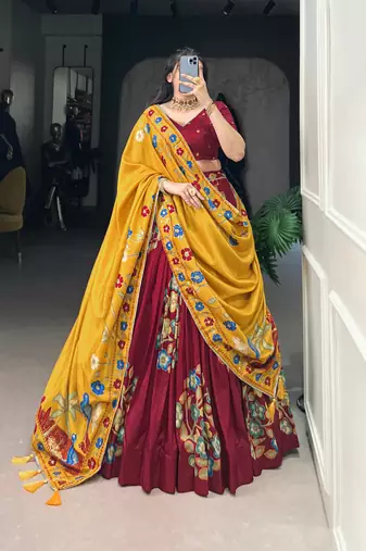 Maroon Tussar Silk Printed & Foil with Lace Touch Up Work Lehenga with Unstitched Blouse