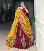 Maroon Tussar Silk Printed & Foil with Lace Touch Up Work Lehenga with Unstitched Blouse