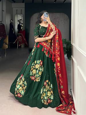 Green Tussar Silk Printed & Foil with Lace Touch Up Work Lehenga with Unstitched Blouse 2