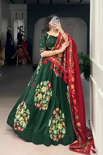 Green Tussar Silk Printed & Foil with Lace Touch Up Work Lehenga with Unstitched Blouse