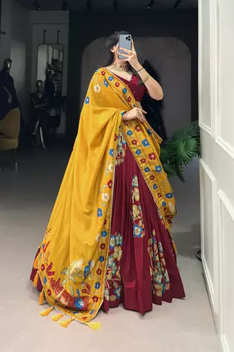 Maroon Tussar Silk Printed & Foil with Lace Touch Up Work Lehenga with Unstitched Blouse