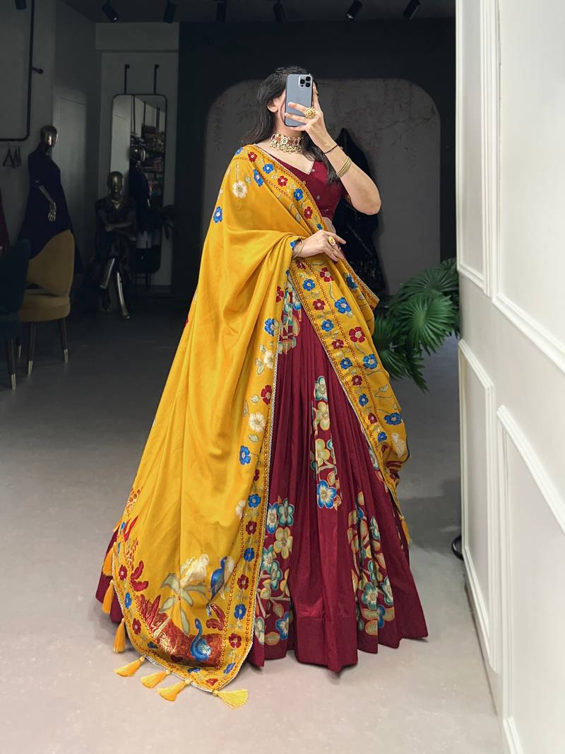 Maroon Tussar Silk Printed & Foil with Lace Touch Up Work Lehenga with Unstitched Blouse