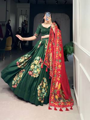 Green Tussar Silk Printed & Foil with Lace Touch Up Work Lehenga with Unstitched Blouse 3