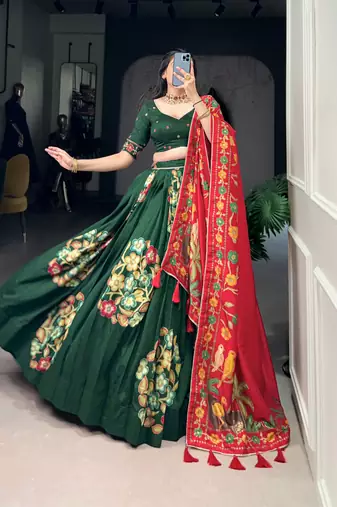 Green Tussar Silk Printed & Foil with Lace Touch Up Work Lehenga with Unstitched Blouse