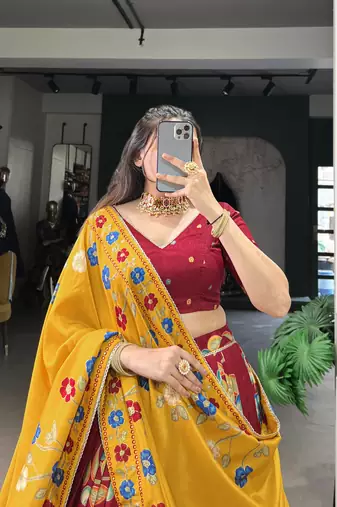 Maroon Tussar Silk Printed & Foil with Lace Touch Up Work Lehenga with Unstitched Blouse