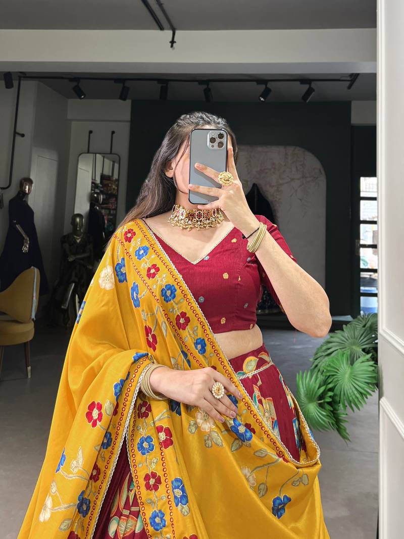 Maroon Tussar Silk Printed & Foil with Lace Touch Up Work Lehenga with Unstitched Blouse