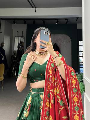 Green Tussar Silk Printed & Foil with Lace Touch Up Work Lehenga with Unstitched Blouse 4