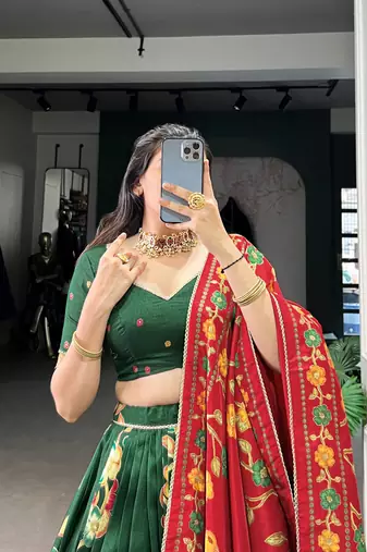 Green Tussar Silk Printed & Foil with Lace Touch Up Work Lehenga with Unstitched Blouse