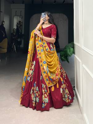 Maroon Tussar Silk Printed & Foil with Lace Touch Up Work Lehenga with Unstitched Blouse 4