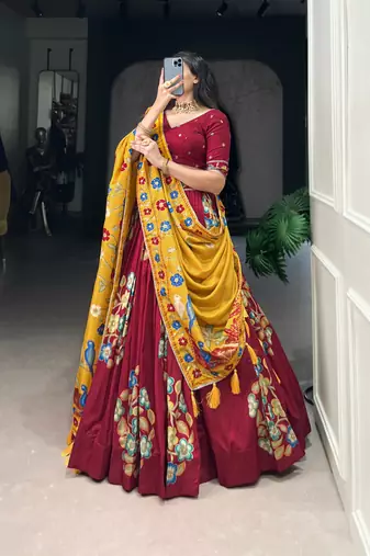 Maroon Tussar Silk Printed & Foil with Lace Touch Up Work Lehenga with Unstitched Blouse