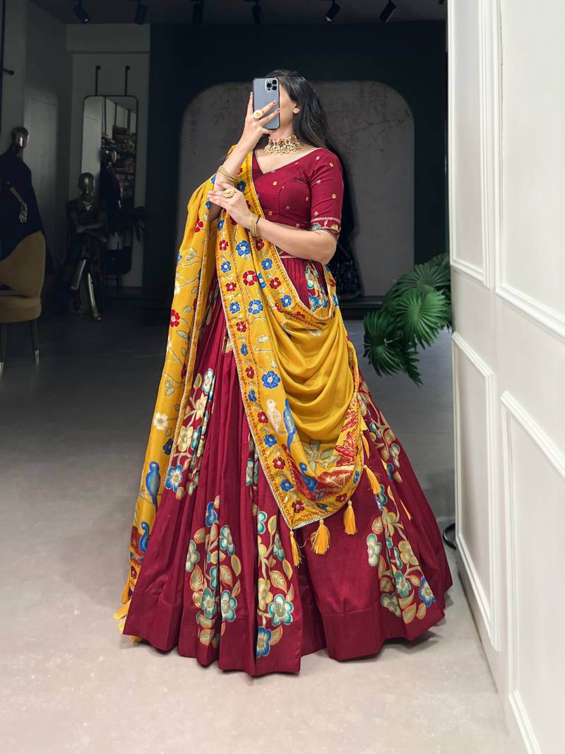 Maroon Tussar Silk Printed & Foil with Lace Touch Up Work Lehenga with Unstitched Blouse