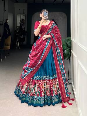 Teal Navaratri Special Tussar Silk Patola Printed Lehenga with unstitched Blouse 1