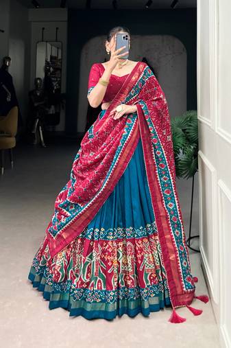 Teal Navaratri Special Tussar Silk Patola Printed Lehenga with unstitched Blouse