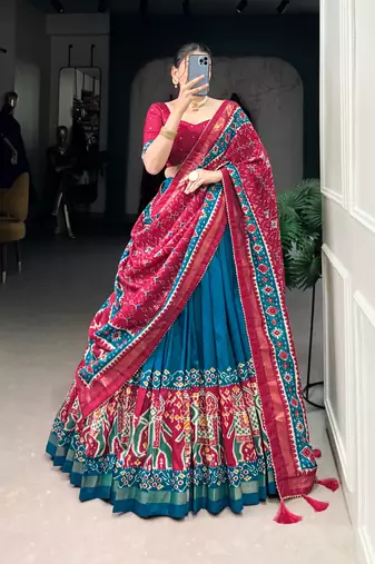 Teal Navaratri Special Tussar Silk Patola Printed Lehenga with unstitched Blouse