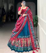 Teal Navaratri Special Tussar Silk Patola Printed Lehenga with unstitched Blouse