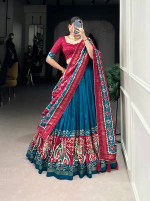 Teal Navaratri Special Tussar Silk Patola Printed Lehenga with unstitched Blouse 2