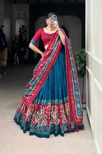 Teal Navaratri Special Tussar Silk Patola Printed Lehenga with unstitched Blouse