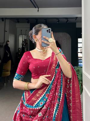 Teal Navaratri Special Tussar Silk Patola Printed Lehenga with unstitched Blouse 3