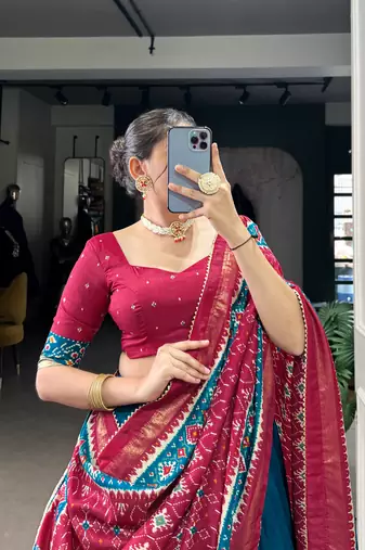 Teal Navaratri Special Tussar Silk Patola Printed Lehenga with unstitched Blouse
