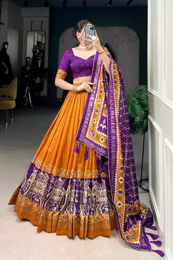 Mustard Navaratri Special Tussar Silk Patola Printed Lehenga with unstitched Blouse