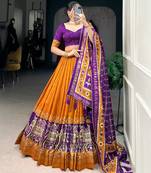 Mustard Navaratri Special Tussar Silk Patola Printed Lehenga with unstitched Blouse