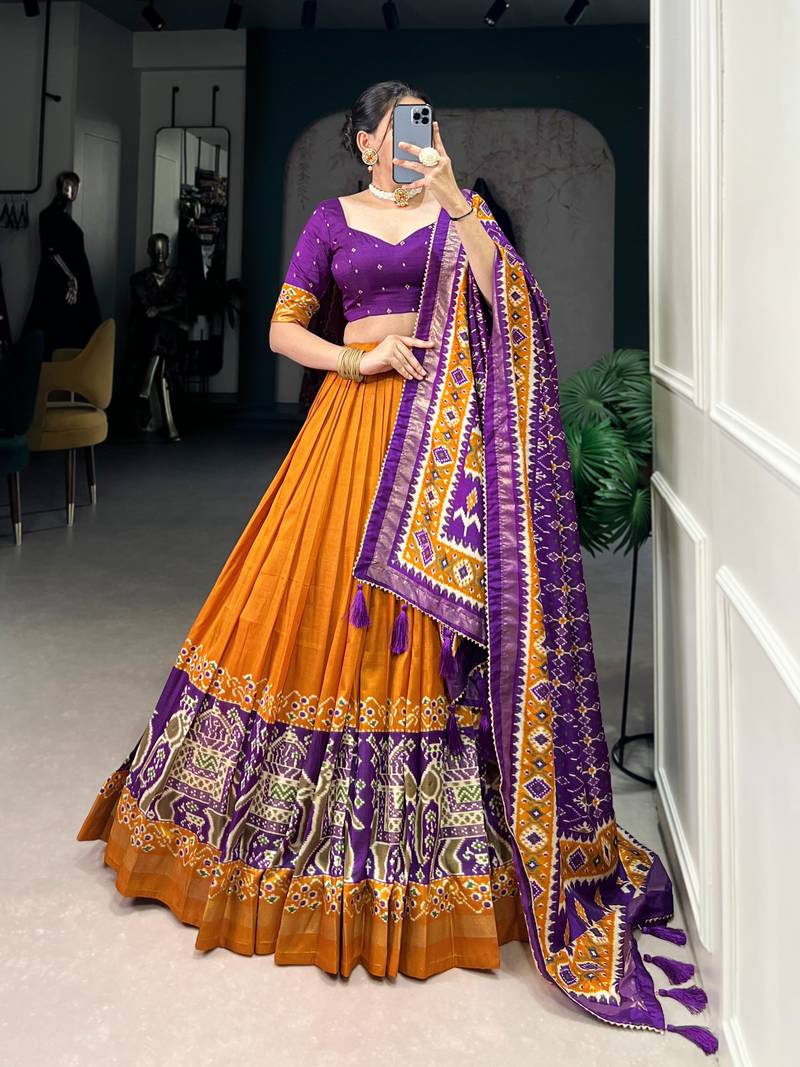 Mustard Navaratri Special Tussar Silk Patola Printed Lehenga with unstitched Blouse