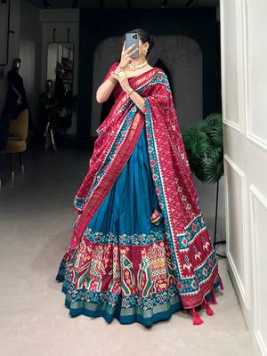 Teal Navaratri Special Tussar Silk Patola Printed Lehenga with unstitched Blouse 4