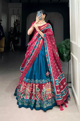 Teal Navaratri Special Tussar Silk Patola Printed Lehenga with unstitched Blouse