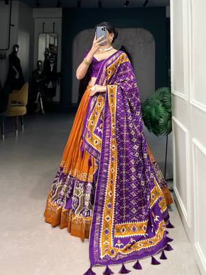 Mustard Navaratri Special Tussar Silk Patola Printed Lehenga with unstitched Blouse 2