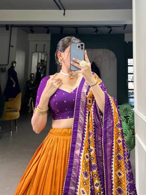 Mustard Navaratri Special Tussar Silk Patola Printed Lehenga with unstitched Blouse 3
