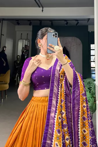Mustard Navaratri Special Tussar Silk Patola Printed Lehenga with unstitched Blouse